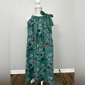 Bellambra Pure Linen Dress Made In Italy Halter Green Floral Pullover Tie Size L